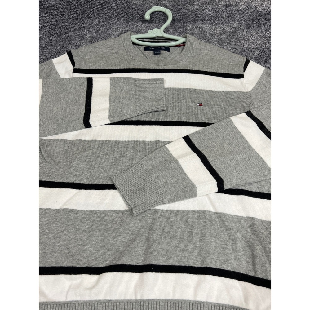 Tommy Hilfiger Mens Grey White Black Striped 100% Cotton Crewneck Sweater Size M